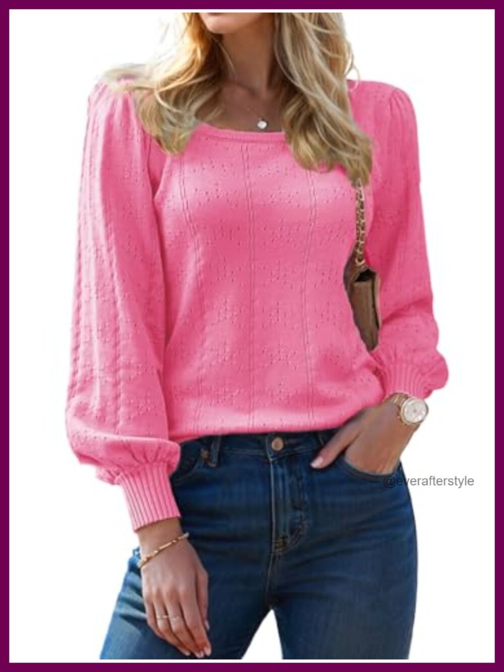 Womens Puff Long Sleeve Square Neck Knitted Pullover Sweater Cozy Casual